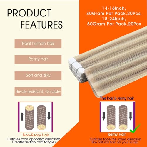 Image of Full Shine Blonde Injected Tape Extensions Human Hair Color 18 Ash Blonde Highlight 613 Blonde Remy Tape in Hair Extensions Invisible Adhesive Skin Weft for Natural Look 14Inch 40G 20Pcs