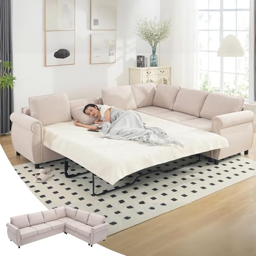 UPYOOE Sleeper Sofa Bed, Pull Out Couch with Mattress, 104'' 6 Seater Upholstery Sectional Couches, Modern Comfy L Shape Sofa Couch, Living Room Furniture for Living Room, Apartment, Studio, Beige