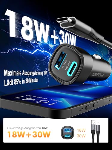 GRIFEMA 48W Zigarettenanzünder USB C 12V Adapter Auto PD und QC3.0 USB kfz ladegerät Auto Ladegerät Adapter Zigarettenanzünder Verteiler Steckdose mit iPhone 17 16 15 Pro Max Air iPad S24 S25 – Bild 5