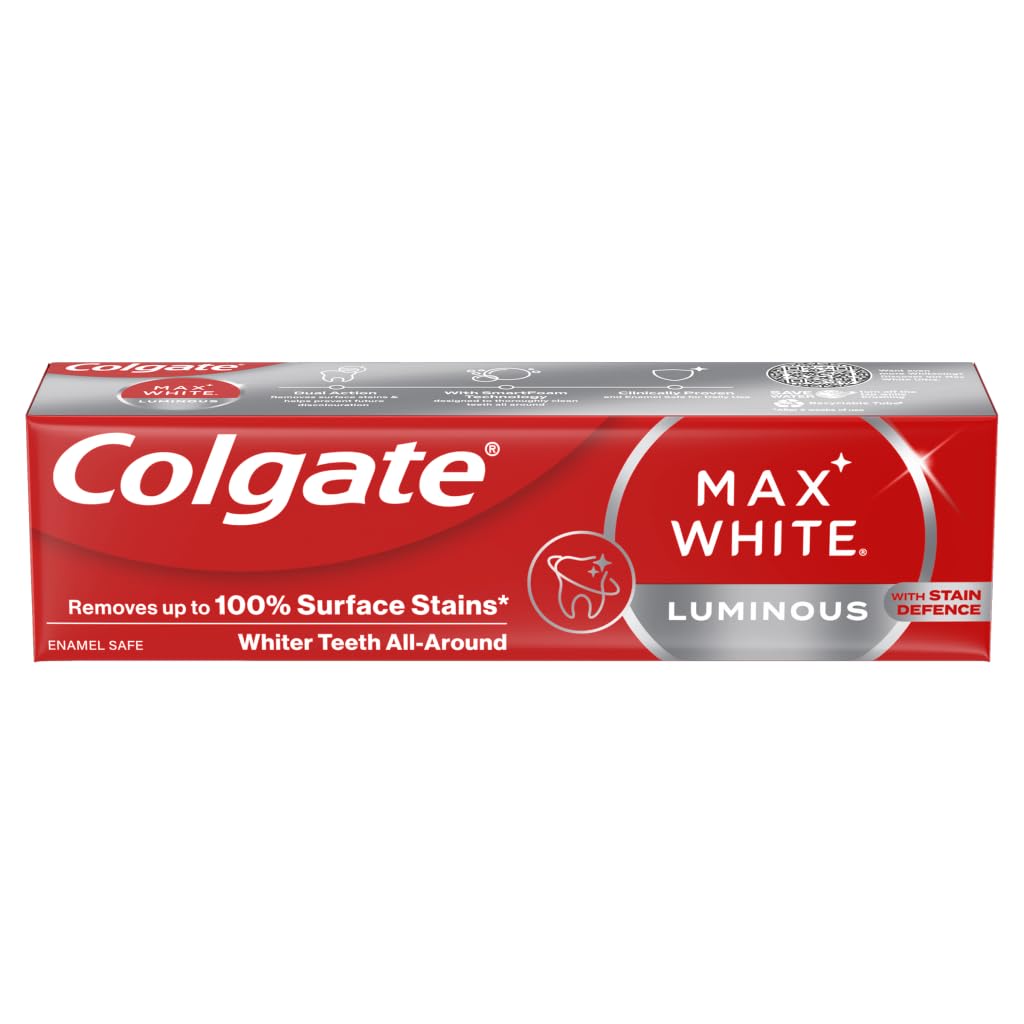 Colgate Max White Luminous Teeth Whitening Toothpaste 75ml, Removes Up to 100% of Surface Stains, Thoroughly Cleans All Around, Helps Prevent Future Discolouration, Enamel Safe for Daily Use