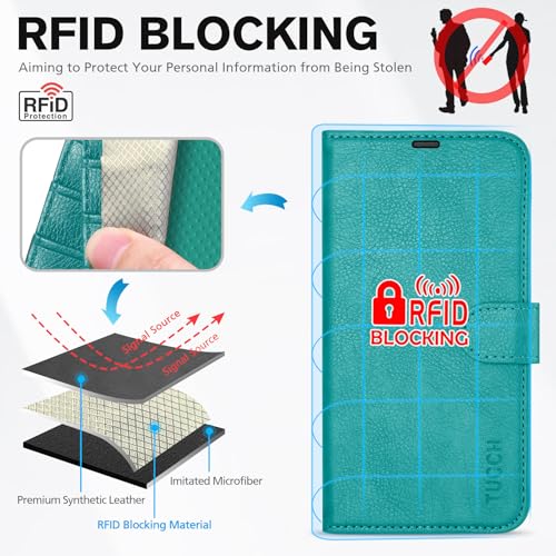 Image of TUCCH Wallet Case for iPhone 13 (6.1 inch) 2021, 3 Card Holders, Cyan | RFID Blocking, Viewing Stand, Shockproof TPU Shell, PU Leather, Magnetic Closure, Protective Folio Flip Cover