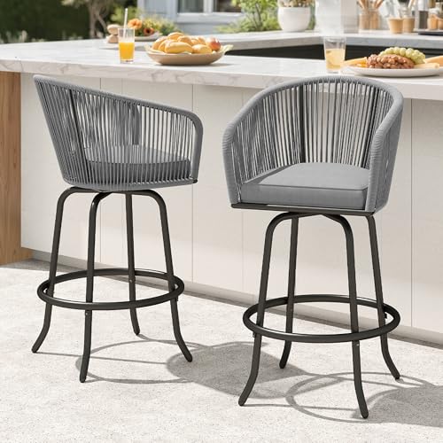 DWVO Outdoor Counter Height Bar Stools Set of 2, Patio Swivel Bar Chairs with Soft Cushions, 360° Rotation, Bar Height Rattan Chairs for Backyard, Poolside, Garden, Gray