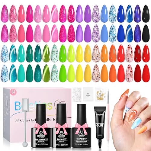 Image of Beetles Gel Nail Polish Kit - Island Holiday 36 Colors Neon Yellow Orange Hot Pink Glitter Gel Polish with Base Top Coat Matte Top Coat, Soak Off UV LED DIY Manicure Gift for Women