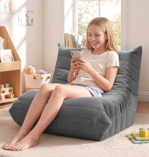 Image of Hobestluk Medium Bean Bag Chair Faux Fur Fabric BeanBag Couch for Playroom | Grey Corduroy,Ergonomic Design,Memory Foam,Strong Supportive,No Assembly Required,Decorative Style for Living Room Bedroom