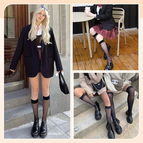 DRESHOW 8 Pairs Knee High Stockings for Women 15D Sheer Nylon Stocking Socks Trouser Socks Silky Knee Highs for Women Girls3