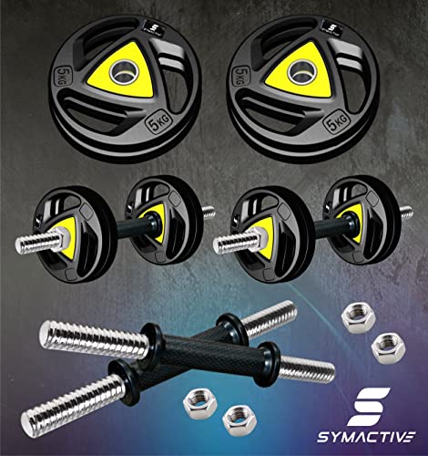 Image of Amazon Brand - Symactive Professional Metal Integrated Rubber Adjustable 20 Kg Dumbbells Fitness Kit for Full Body Workout (5x4 Rubber Weight, 14'' Dumbbell Rods Pair & Nuts), Multicolor