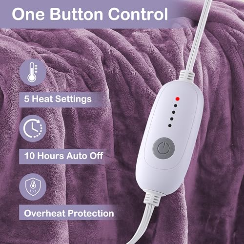 Electric Heated Blanket Full Size 72"x84", Cozy Large Oversized, 5 Heating Levels & 10 Hours Auto Off, Cozy for Bed, Sofa, & Office, Machine Washable, Purple