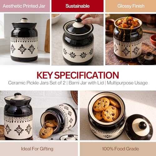 Image of Black Jhalar Ceramic Handglazed Pickle Jars Set of 1-1000 ML Each | 1 kg Achaar Martban Barni Jar with Lid | Ceramic Storage Jar Container Pickle /Achar, Chatney