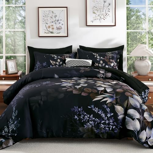 Xruibed Black Comforter Set Queen Size 7 Pieces Bed in a Bag, Botanical Floral Print Bed Sets, Elegant Flower Comforter with Sheet Set, Soft Microfiber Bedding Set for All Season (Black, 90