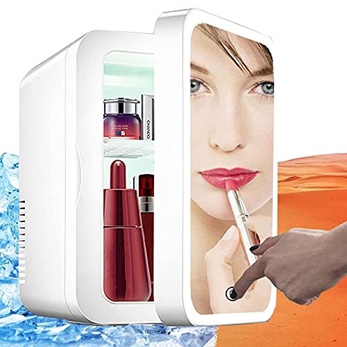 LUWEI Makeup Beauty Mini Fridge,8L Portable Cosmetic Refrigerator, Makeup Mirror Fridge, Led Lighting, Glass Panel, Used for Beauty Skin Care in Home/Car