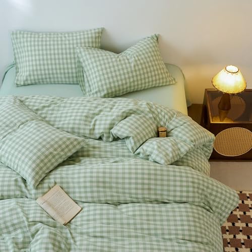 Image of EAVD Vintage Style Green&White Plaid Gingham Duvet Cover Queen Soft 100% Washed Cotton Fresh Grid Checkered Gingham Bedding Set with 2 Pillowcases Farmhouse Green Plaid Duvet Cover with Zipper Closure