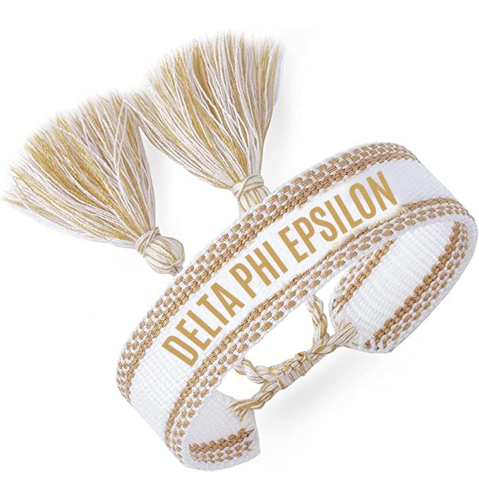 Sorority ShopDelta Phi Epsilon Bracelet — Woven Bracelet, White and Gold Design with DPE Sorority Name and Tassels, Greek Sorority Jewelry and Big Little Sorority Gifts, no gemstone