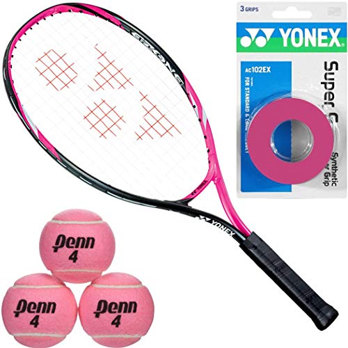 Yonex EZONE Smash Pink 25 Inch Junior Tennis Racquet Starter Set or Kit for Girls Bundled with a 3-Pack of Pink Super GRAP Overgrips and a Can of Pink Tennis Balls