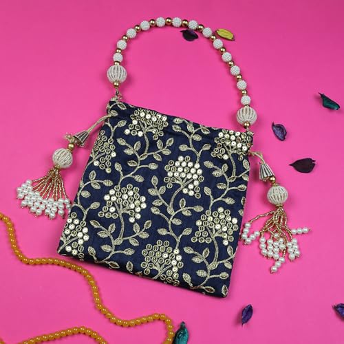 Image of LONGING TO BUY Indian Embroidered Pearl Potli Bag For Women, Sequence Design with Tassel, Wedding Potli Bags