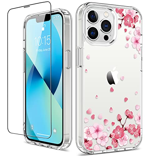 GiiKa for iPhone 13 Pro Max Case with Screen Protector, 6.7 inch Clear Shockproof Protective Flower Girls Women Hard Case with TPU Bumper Cover Phone Case for iPhone 13 Pro Max, Pink Floral