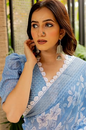 Image of MIRCHI FASHION Women's Ready-to-Wear Cotton Blend Pocket Saree || 1 Minute Drape Floral Printed Saree for Office & Daily Wear || Stitched Pleats Sari with Blouse