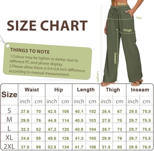 AISEW Women's Cotton Linen Palazzo Pants Drawstring Elastic Waist Casual Wide Leg Long Lounge Trousers with Pockets (Beige, 7031M) - 5