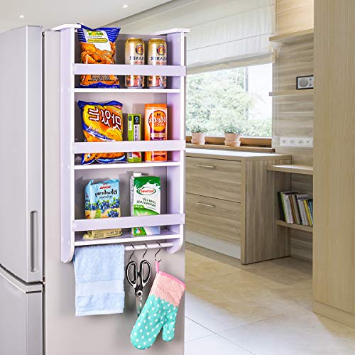 Fridge Side Shelf Refrigerator Spice Storage Rack Wooden Hanging Organizer with Paper Towel Holder, 3 Removable Hooks for Pantry, Cabinet, Kitchen, Narrow Place, White - Thumbnail 2