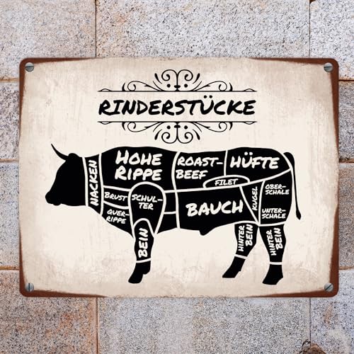 Rinderstücke BBQ Beef Fleischstücke Metallschild in 15x20 cm Blechschild für den Grill als Dekoration für Grillfans und Fleischesser
