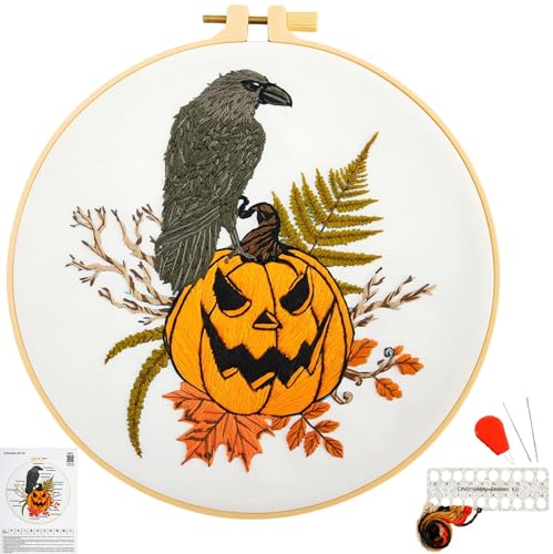 Image of Crafmanoe Halloween Embroidery Starter Kits for Beginners Adults, Fall Pumpkin Stamped Cross Stitch Kits for Beginners Adults, Crow Gothic Embroidery Needlepoint Kits, Hoops, Fabric and Video Tutorial