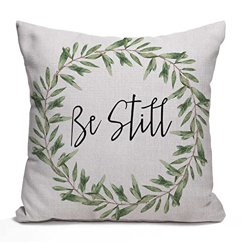 Nphuriy Rustic Be Still Green Olive Wreath Vintage Farmhouse Décor Spring Summer Sign Decoration Cotton Linen Home Decorative Throw Pillow Case Cushion Cover with Words for Sofa Couch, 16 x 16 in