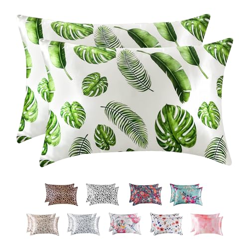 Image of MR&HM Satin Pillowcase for Hair and Skin, Silk Satin Pillowcase 2 Pack, King Size Pillow Cases Set of 2, Silky Pillow Cover with Envelope Closure (20x36, Leaves)
