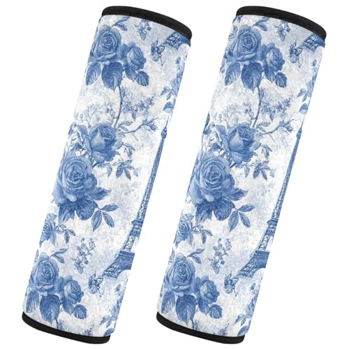 Image of 2 Pack Seatbelt Covers Seat Belt Cover Pad for Adults Boys Girls Car Seat Strap Covers Pads Cushion Universal Shoulder Strap Pad Protector for Backpack Camera Bag 6.5 Inch Blue Roses and Eiffel Tower
