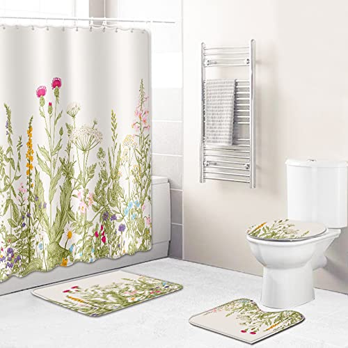 Duschvorhang Gras Grüne Blume Badezimmerteppich 4-Teiliges Set, Duschvorhang 180x180 Polyester+Badematte rutschfeste…