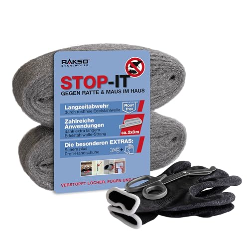 RAKSO STOP-IT Edelstahlwolle 2 x 3 m rostfreie Stahlwolle zum Abdichten Schleifen & Isolieren langlebiges Dichtmaterial für Haus & Garten inkl. Schere & Handschuhe 100% chemiefrei
