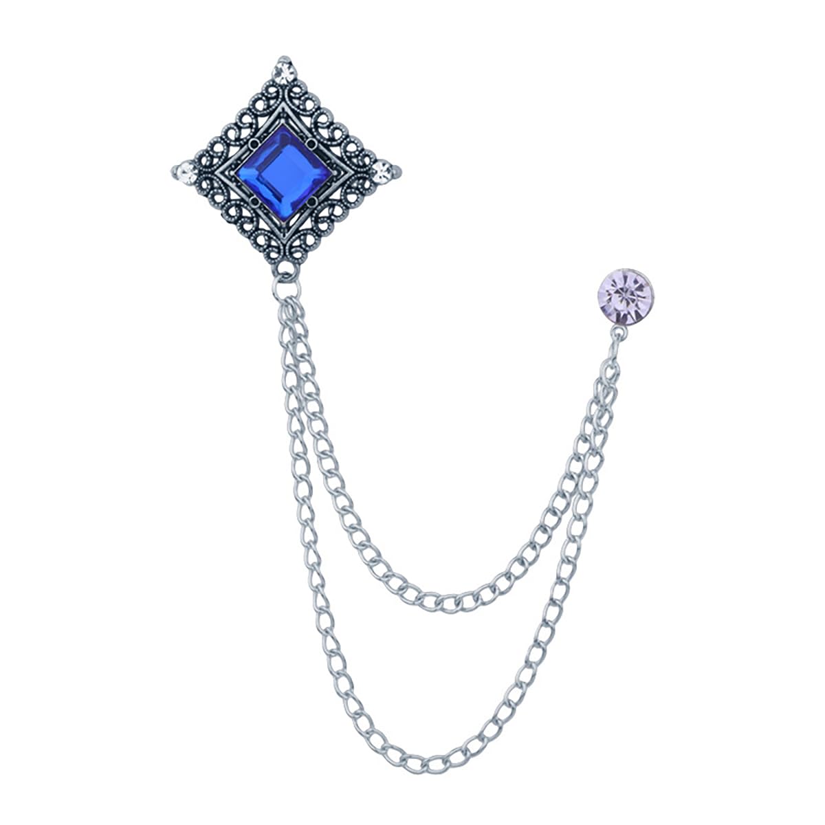 Vintage Hollow Pattern Gemstone Chain Brooch Geometric Square Long Chain Tassel Brooch Lapel Pin Retro Broochs Wedding Engagement Prom Party Banquet Business Suit Jewelry Accessories for Men and Women