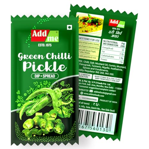 Image of Add Me Spicy hot Green Chilli Pickle achar 12gm sachet pouch chotu traveller pack (Pack of 48) 576 gm