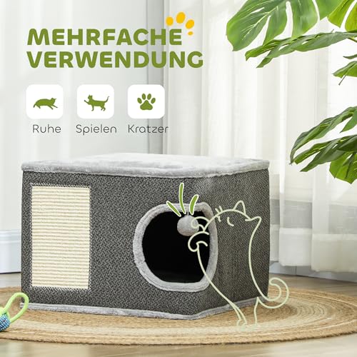 PawHut Kratztonne, 35 cm hoch Katzentonne mit Höhle, Kratzbaum mit Spielball, Katzenturm aus Sisal, für Katze bis 6 kg, Dunkelgrau+Cremeweiß
