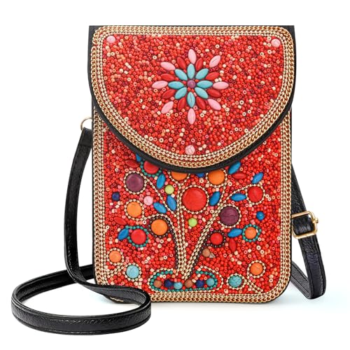 Image of Small Beaded Crossbody Bag for Women, Boho Cell Phone Shoulder Purse Wallet with Handcrafted Colorful Beads