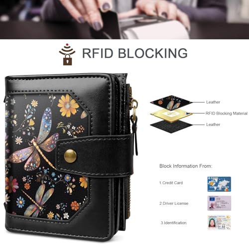 Image of Women Wallet Bifold RFID Blocking Small Credit Card Holder Leather Wallets Cards Case Ladies Purse with Zipper, Dragonfly