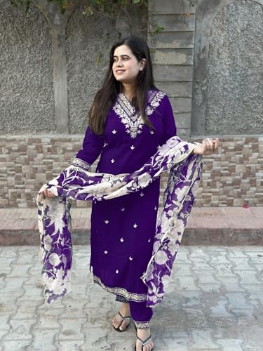 Image of GoSriKi Women's Rayon Blend Straight Embroidered Kurta with Pant & Dupatta