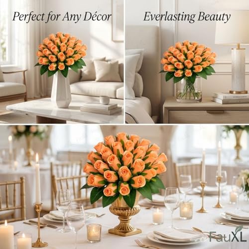 Image of Set of 24 Artificial Rose Flowers Bunches for Vase - Home Decoration Gift Items for Living Room Corner Table Top Bedroom Wedding (Pot Not Included) - 24 CM (Orange)
