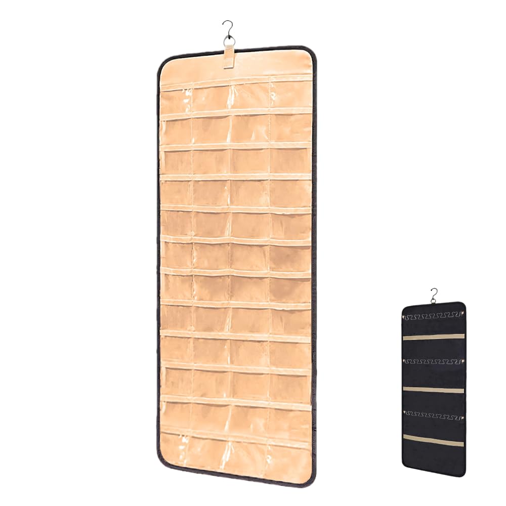MiOYOOW Hanging Jewelry Organizer, 600D Oxford Dual-sided Jewelry Storage Roll with 48 Pockets & 3 Rows Hooks for Earrings Necklaces Rings