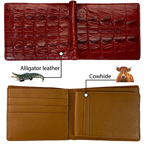 Image of HATA Red Exotic Bifold Leather Wallet with Hidden Compartment, Men's Minimalist Wallets with RFID Blocking & ID Window Credit Card Holder, Men Handmade Gift for Birthday, Father's Day VINAM-103