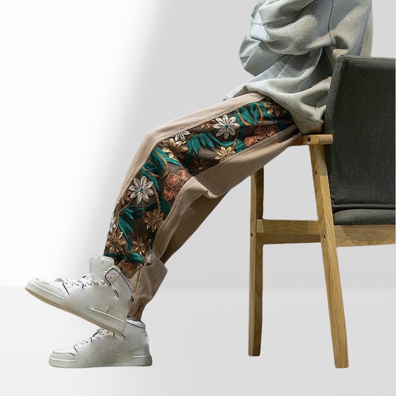 Men's Spring Autumn Chinese Style Color Block Embroidered Vintage Literary Loose Jogger Harem Casual Long Pants2
