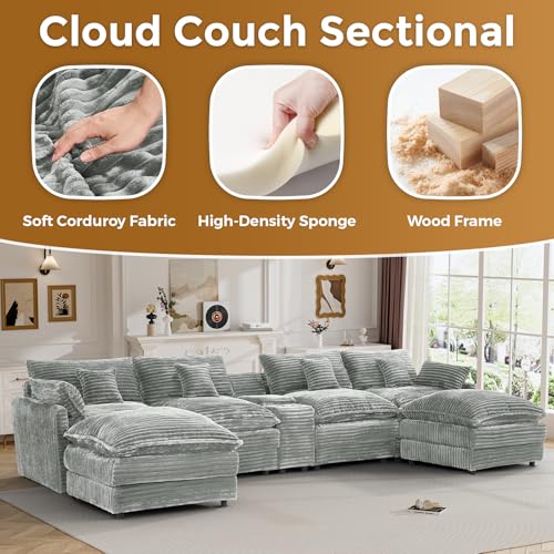 Image of 145 inch Oversized U Shaped Modular Sectional Sofa with Ottoman, Comfy Fluffy Soft Corduroy, Large Cloud Couch with USB Port, Cup Holder and Storage Central Console for Living Room, Light Grey