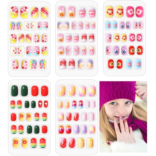 Scettar Kids 120pcs False Nails - Press On, Stick On, Full Cover Short False Fingernails for Girls, various colors, 0.04 g (Pack of 24)