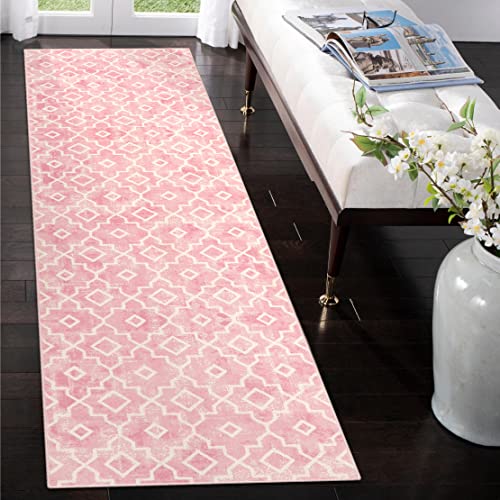 Image of Wonnitar Moroccan Washable Runner Rug - 2x7 Long Kitchen Runner Rug Modern Non-Slip Hallway Rug Runner Distressed Trellis Bathroom Carpet Runner Floor Rug for Bedroom Laundry Entry (Pink,2'x7')