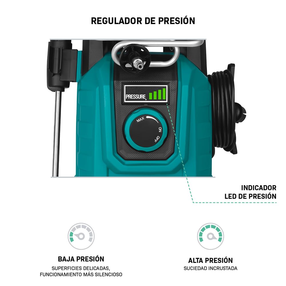 VONROC Hidrolimpiadora V24‑3 2400W con 180 Bar y presión Ajustable | Manguera 10 m, carrete integrado, bomba aluminio, lanza turbo y ajustable, limpiador de patios, mango telescópico