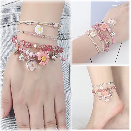 Image of 4 Pcs Beaded Cute Bracelets for Teen Girls Women, Dainty Cute Cartoon Crystal Beads Pearl Stretch Charm Handmade Adjustable Anklets Bracelet Set Birthday Gift for Friends