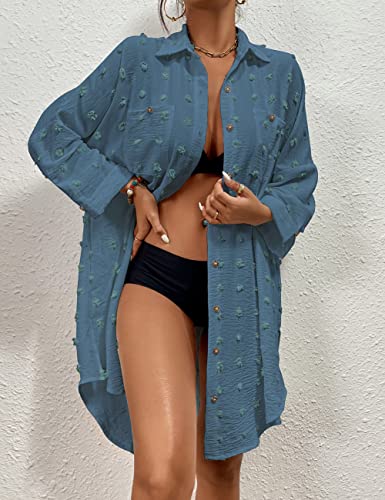 Image of Bsubsach Button Down Swimsuit for Women Sweatshirt Dress with Ruffled Sleeves Beach Shirt