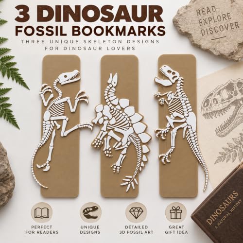 Image of 3 Pack Sanchi Homes Dinosaur Fossil Bookmarks Set, Skeleton Designs | Durable Bioplastic