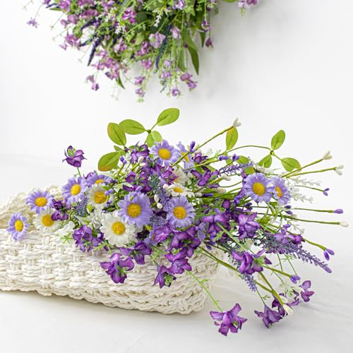 LLZLL Spring Decorations for Home 12 Pack Purple Spring Flowers 17 Inch Artificial Spring Floral Stems with Daisy and Berries for Spring Summer Farmhouse Ornaments