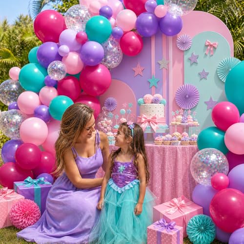 Image of Pink Purple Balloons, 50Pcs 12 Inch Teal Blue and Confetti Latex Balloons | Pink and Purple Mermaid Balloons for Girl Women Birthday Baby Shower Ocean Theme Under the Sea Party Decorations