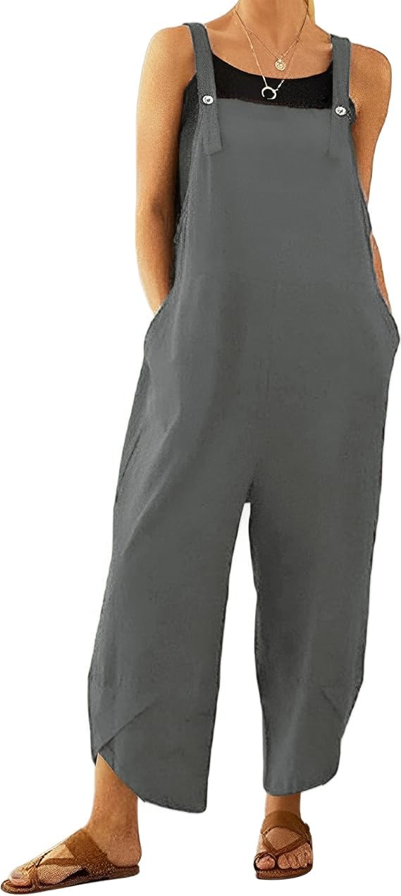 Women's Sleeveless Cotton Linen Overalls Rompers Baggy Wide Leg Jumpsuits