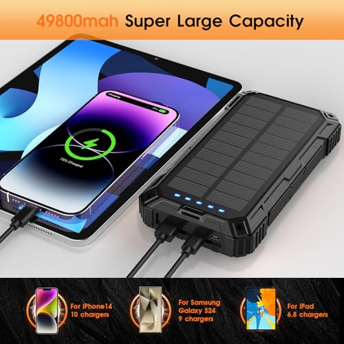 Image of BLASOUL Solar Charger 49800mAh Power Bank - Wireless Portable Phone Charger with 4 Built-in Cable,22.5W Fast Charging External Battery Pack PD 3.0 USB-C in /Output Perfect for Camping, /Hiking